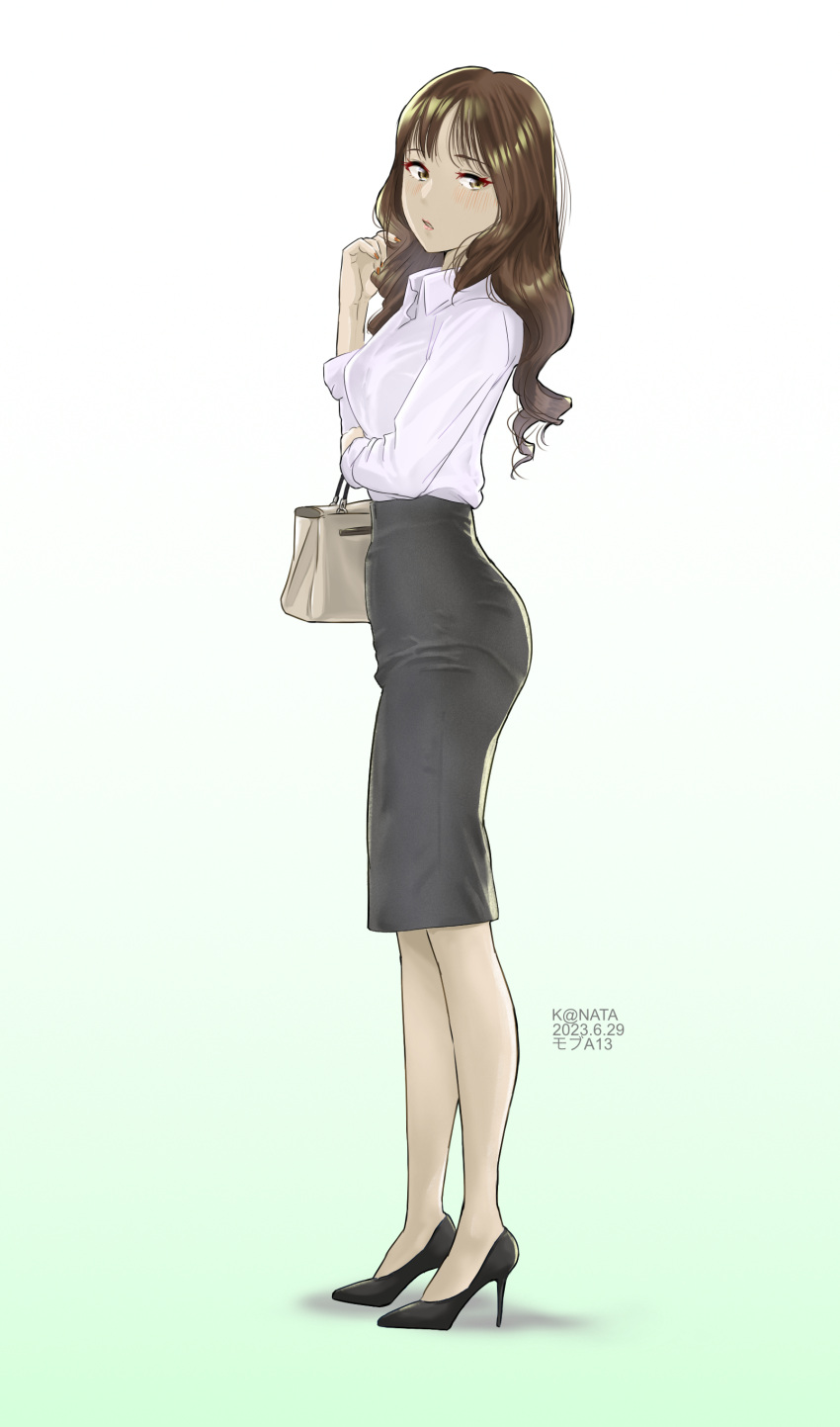1girl absurdres blush brown_eyes brown_hair collared_shirt crossed_arms expressionless fingernails from_side full_body hand_up high_heels highres looking_to_the_side medium_hair office_lady original pencil_skirt profile red_nails shirt skirt solo thighs white_shirt y.kami_nao/take