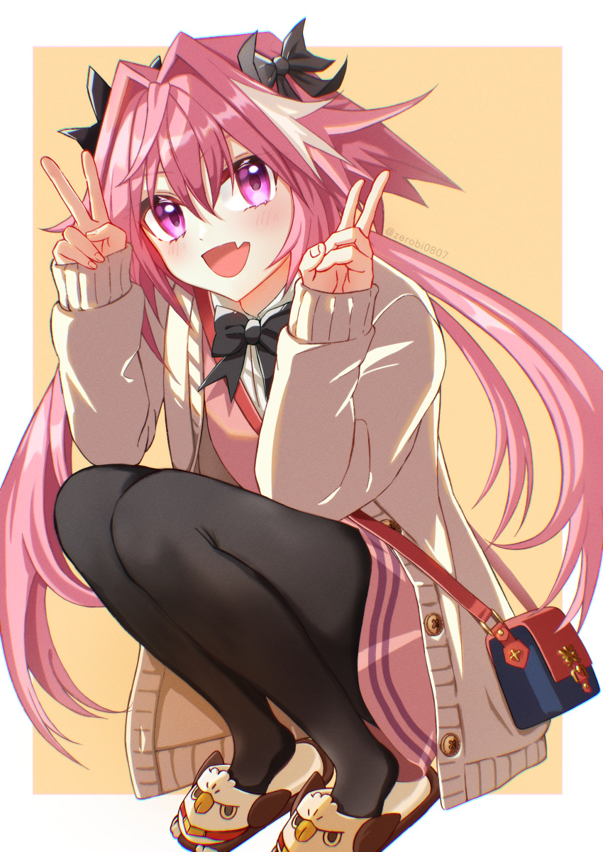1boy absurdres animal_slippers astolfo_(fate) astolfo_(saber)_(fate) astolfo_(tour_outfit)_(fate) bag black_bow black_pantyhose blush bow brown_cardigan buttons cardigan double_v dress eyelashes fang fate/apocrypha fate/grand_order fate_(series) full_body hair_between_eyes hair_bow hair_intakes handbag highres long_hair low_twintails male_focus multicolored_hair open_cardigan open_clothes open_mouth otoko_no_ko pantyhose pink_dress pink_hair skin_fang slippers smile solo squatting streaked_hair twintails twitter_username two-tone_hair v very_long_hair violet_eyes white_cardigan white_hair zerobi