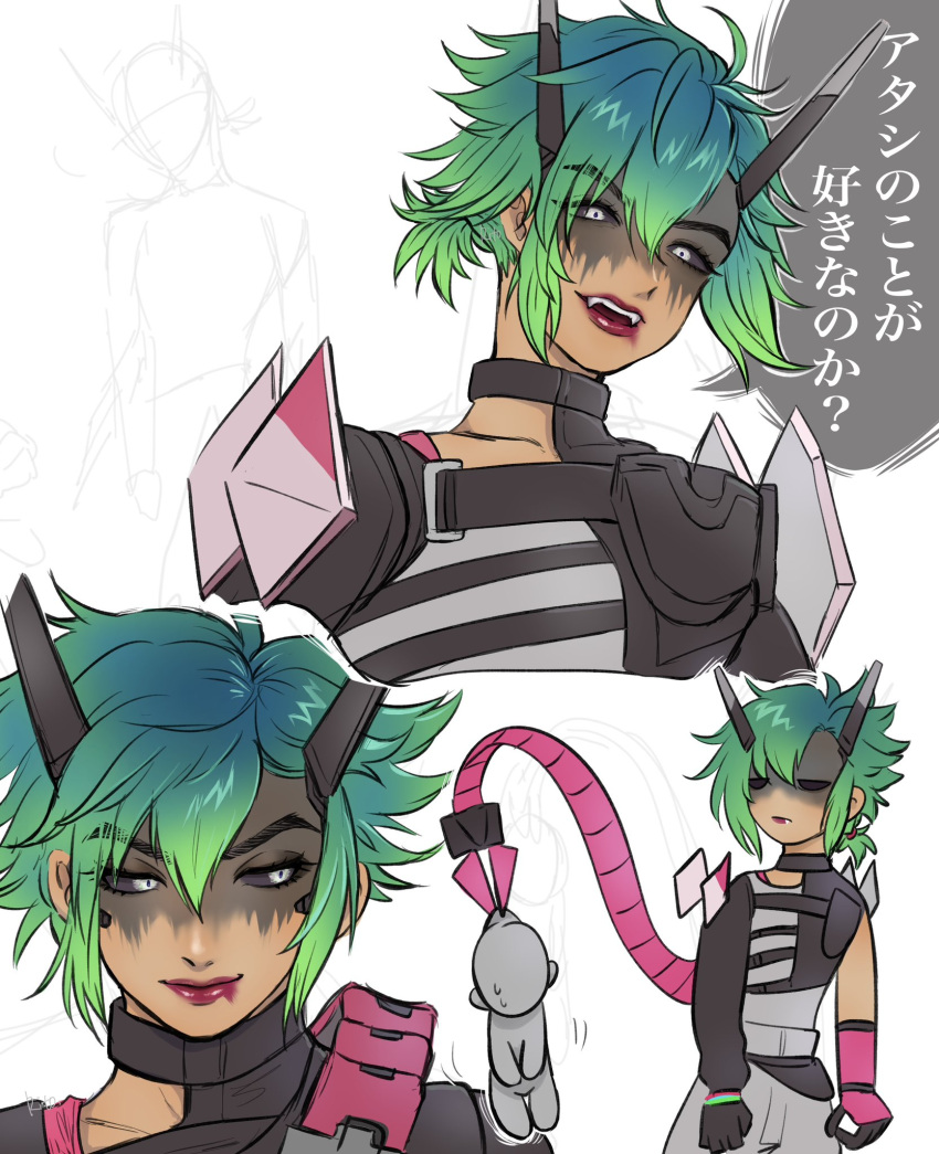 1girl 1other alter_(apex_legends) animification annoyed apex_legends asymmetrical_gloves black_gloves black_sclera bodysuit colored_sclera fangs fingerless_gloves gloves green_hair grey_bodysuit highres looking_to_the_side mechanical_tail mismatched_gloves pink_gloves red_lips ritomidi smile speech_bubble tail translation_request white_eyes