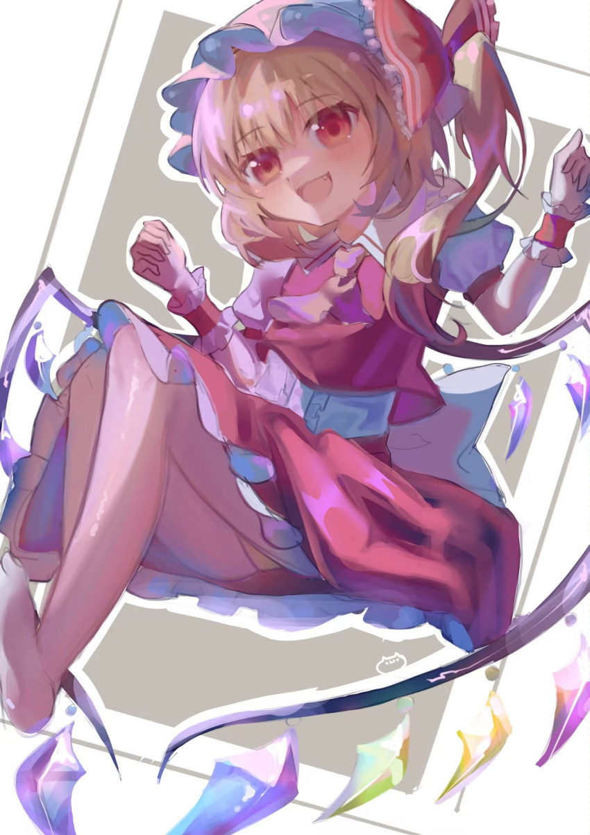 1girl ascot blonde_hair cowboy_shot crystal_wings dress flandre_scarlet hair_ribbon hand_up hat highres mob_cap open_mouth puffy_short_sleeves puffy_sleeves red_dress red_eyes red_ribbon ribbon short_sleeves side_ponytail thighs touhou user_ptvs3537 yellow_ascot