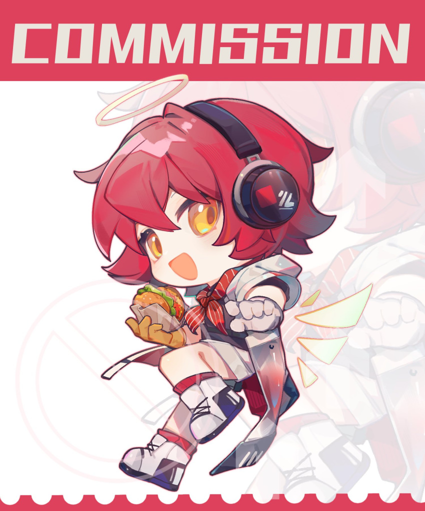 1girl arknights asymmetrical_gloves black_shirt burger chibi commentary_request commission exusiai_(arknights) exusiai_(city_rider)_(arknights) food gloves halo headphones highres holding holding_burger holding_food jacket looking_at_viewer mismatched_gloves neckerchief nitrogen_owo open_mouth red_neckerchief redhead shirt shoes short_hair shorts smile sneakers solo striped_neckerchief watermark white_footwear white_gloves white_jacket white_shorts wings yellow_gloves zoom_layer