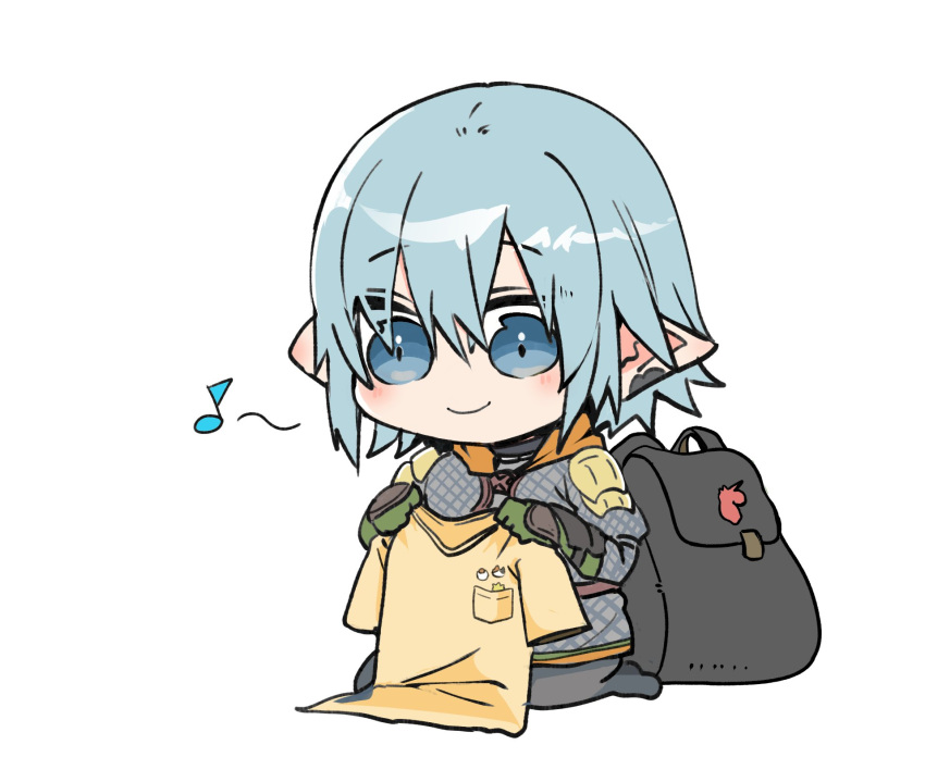 1boy armor backpack bag blue_eyes blue_hair chainmail chibi chibi_only earclip elbow_gloves elezen elf final_fantasy final_fantasy_xiv full_body gloves green_gloves haurchefant_greystone highres holding holding_clothes holding_shirt looking_down male_focus musical_note no_nose pauldrons pointy_ears sakuxxx0ra seiza shirt short_hair shoulder_armor simple_background sitting smile solo t-shirt white_background yellow_shirt