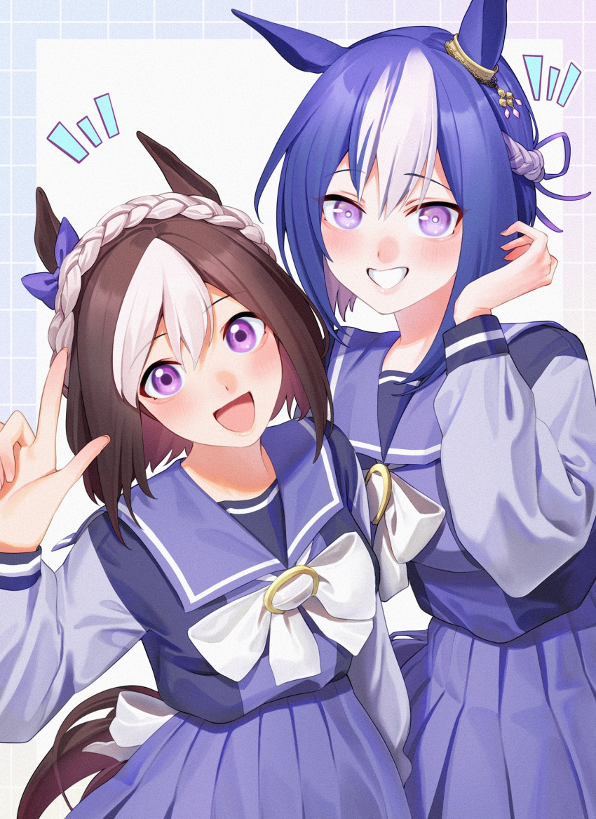 2girls animal_ears bow brown_hair cesario_(umamusume) highres horse_ears horse_girl horse_tail horseshoe_ornament long_sleeves looking_at_viewer multicolored_hair multiple_girls open_mouth pleated_skirt pointing pointing_up purple_bow purple_hair purple_shirt purple_skirt sailor_collar sailor_shirt school_uniform shirt short_hair simple_background skirt smile special_week_(umamusume) tail tamayume teeth tracen_school_uniform umamusume violet_eyes white_background