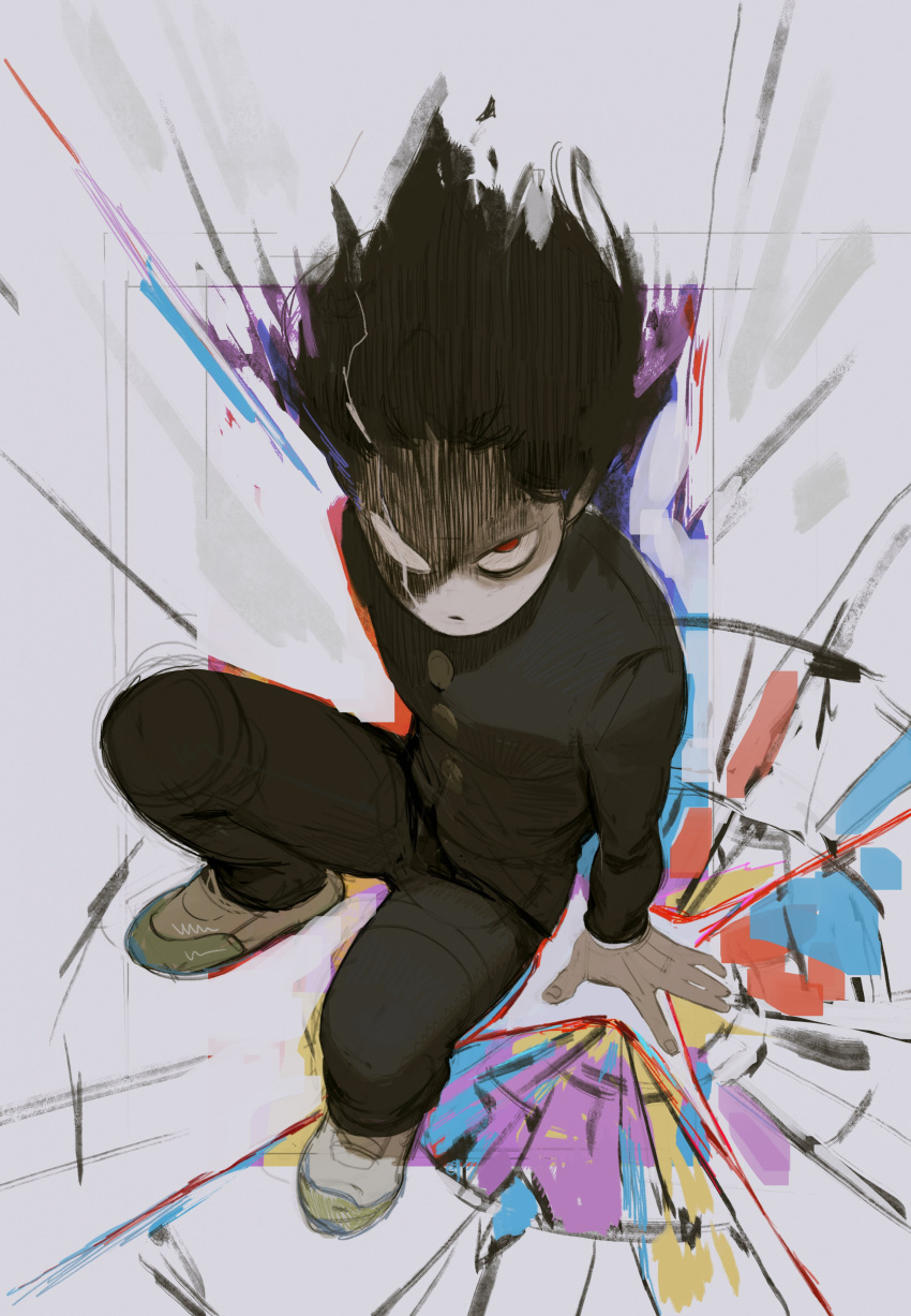 absurdres arm_support black_hair black_jacket black_pants blank_eyes buttons closed_mouth dark_persona energy fingernails floating_hair forehead full_body gakuran ground_shatter heterochromia highres honeyoink_draw jacket kageyama_shigeo knees_up long_sleeves looking_at_viewer male_focus mob_psycho_100 on_floor pants partially_shaded_face red_eyes school_uniform serious shoes short_hair sitting solo uwabaki white_background white_footwear