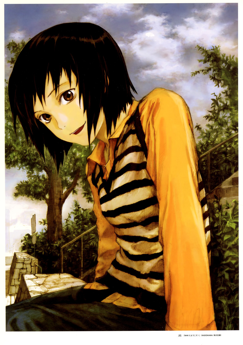 1girl abe_yoshitoshi absurdres bench black_hair border breasts brown_eyes clouds cloudy_sky company_name day fence highres long_sleeves looking_at_viewer nakahara_misaki nhk_ni_youkoso! non-web_source open_mouth outdoors shirt short_hair sitting sky small_breasts smile solo striped_clothes striped_vest tree vest white_border yellow_shirt