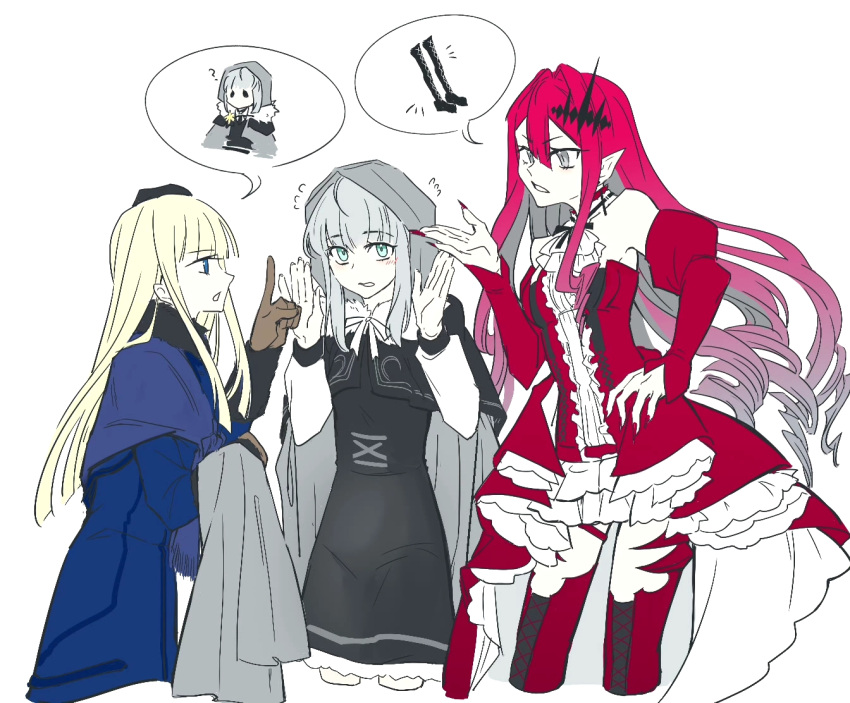 3girls ascot baobhan_sith_(fate) blonde_hair blush boots breasts brown_gloves cloak cowboy_shot cropped_legs ddd_itsuki fate_(series) fur_collar gloves gray_(fate) grey_background grey_hair hair_between_eyes hand_on_own_hip hand_up hood hood_up juliet_sleeves long_hair long_sleeves lord_el-melloi_ii_case_files multiple_girls nail_polish neck_ribbon pointy_ears puffy_sleeves red_nails red_thighhighs redhead reines_el-melloi_archisorte ribbon simple_background small_breasts speech_bubble teeth thigh-highs thigh_boots white_ascot white_ribbon