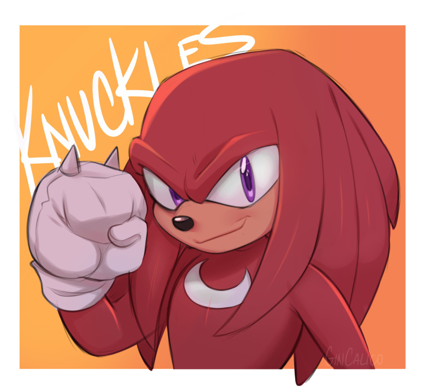 absurdres border character_name clenched_hand furry furry_male gincalico gradient_background hand_up highres knuckles_the_echidna looking_at_viewer orange_background outside_border red_fur solo sonic_(series) upper_body violet_eyes white_border