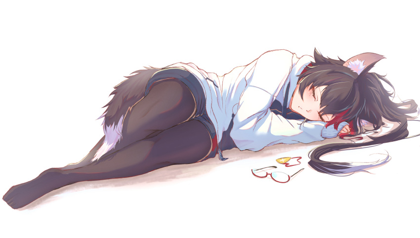 1girl animal_ear_fluff animal_ears black_hair black_thighhighs closed_eyes commentary_request highres hololive long_sleeves lying multicolored_hair on_side ookami_mio redhead simple_background sleeping solo streaked_hair tail thigh-highs tokine_yua unworn_eyewear virtual_youtuber white_background wolf_ears wolf_girl wolf_tail