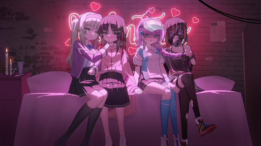 4girls ahoge artist_request bed black_hair blush braid date_akari gas_mask green_hair hair_ornament hand_in_another's_hair heaven_burns_red highres hotel_room interlocked_fingers jacket japanese_clothes long_hair love_hotel love_triangle mask mikoto_fubuki multicolored_hair multiple_girls murohushi_risa nikaidou_misato panties pleated_skirt purple_hair redhead second-party_source shirt short_hair sidelocks skirt streaked_hair striped_clothes striped_panties twintails underwear violet_eyes white_shirt wide_sleeves yuri