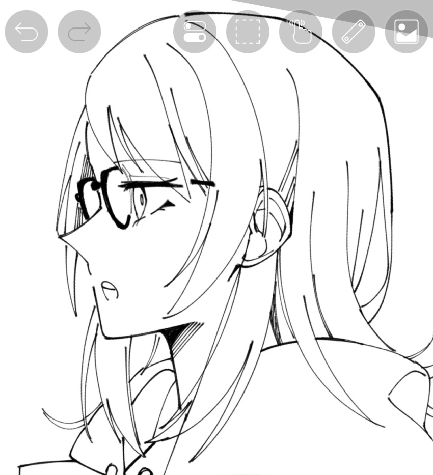 1girl art_program_in_frame bang_dream! bang_dream!_it's_mygo!!!!! bespectacled commentary_request glasses greyscale ibispaint_(medium) lineart medium_hair monochrome nanami_(nunnun_0410) open_mouth simple_background solo unfinished upper_body white_background yahata_umiri