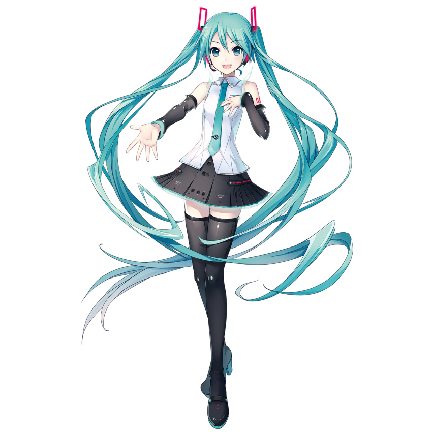 1girl aqua_eyes aqua_hair aqua_nails aqua_necktie aqua_trim arm_tattoo bad_source bare_shoulders black_footwear black_headphones black_skirt black_sleeves boots breasts collared_shirt detached_sleeves full_body hair_between_eyes hair_ornament hand_on_own_chest hatsune_miku hatsune_miku_(vocaloid4) headset highres ixima long_hair long_sleeves looking_at_viewer necktie number_tattoo official_art open_mouth outstretched_arm outstretched_hand shirt skindentation skirt sleeveless sleeveless_shirt small_breasts smile solo standing tattoo thigh_boots third-party_source transparent_background very_long_hair vocaloid white_shirt