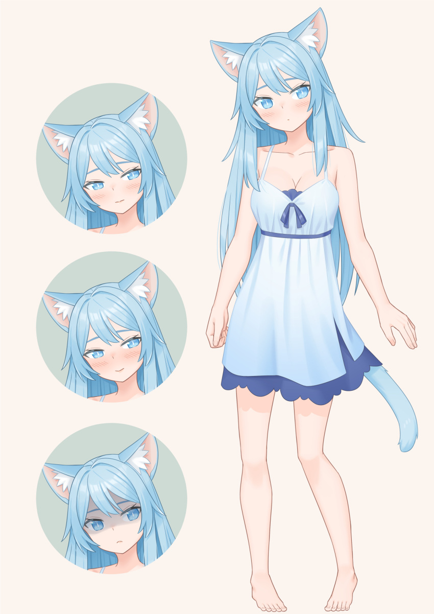 1girl absurdres animal_ear_fluff animal_ears barefoot blue_dress blue_eyes blue_hair blush breasts cat_ears cat_girl cat_tail dress expressionless expressions full_body highres large_breasts long_hair mao_lian_(nekokao) original shaded_face short_dress simple_background sleeveless sleeveless_dress standing tail