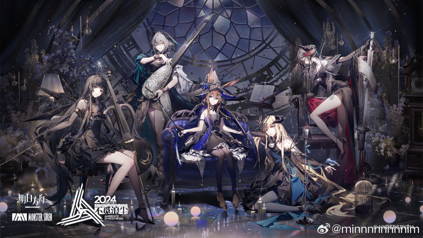 5girls ambience_synesthesia amiya_(arknights) animal_ears arknights black_dress black_gloves black_hair black_pantyhose black_theme blonde_hair blue_eyes bow_(music) brown_hair chair closed_mouth couch dress elbow_gloves feather_hair gloves grey_hair hat high_heels highres ho'olheyak_(arknights) ho'olheyak_(carriage_of_the_winds_of_time)_(arknights) holding holding_instrument horns ines_(arknights) instrument long_hair looking_at_viewer microphone min_(120716) multiple_girls nightingale_(arknights) official_alternate_costume official_art on_chair on_couch pantyhose rabbit_ears sitting smile standing tail thighs virtuosa_(arknights) wings witch_hat