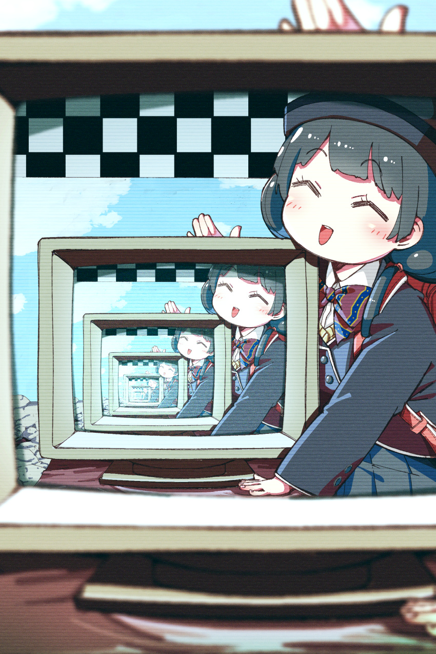 1girl ^_^ absurdres aged_down backpack bag black_hair black_jacket black_skirt blazer blurry blurry_foreground blush bow bowtie child closed_eyes collared_shirt commentary_request crt facing_viewer hair_over_shoulder hand_on_table head_tilt highres jacket long_sleeves low_twintails multiple_views nijisanji open_mouth pleated_skirt recursion red_bag red_bow red_bowtie sandaru_(sandalion1) scanlines school_uniform shirt skirt smile tsukino_mito tsukino_mito_(11th_costume) twintails virtual_youtuber white_shirt