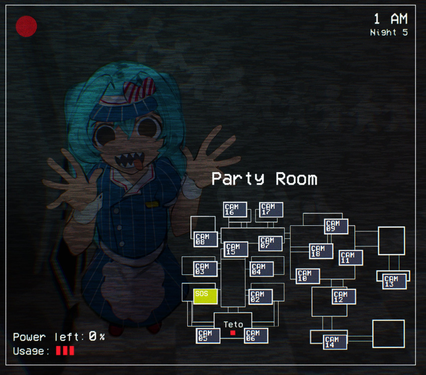 1girl black_eyes blue_dress blue_hair blue_hat commentary dress english_commentary five_nights_at_freddy's from_above full_body grey_background hair_between_eyes hair_intakes hat hatsune_miku highres long_hair looking_at_viewer medium_bangs mesmerizer_(vocaloid) open_mouth paper_chain puffy_short_sleeves puffy_sleeves security_camera sharp_teeth short_sleeves smile solo static striped_clothes striped_dress tchairss teeth tongue tongue_out twintails vertical-striped_clothes vertical-striped_dress visor_cap vocaloid waving