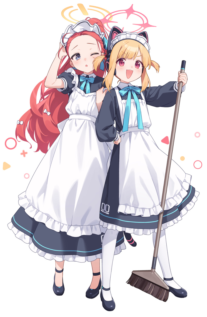 2girls absurdres akabino animal_ear_headphones animal_ears apron black_dress black_footwear blonde_hair blue_archive blush bow dress fake_animal_ears frilled_apron frills full_body grey_eyes hair_bow halo headphones highres holding holding_mop long_hair long_sleeves maid maid_apron maid_headdress momoi_(blue_archive) momoi_(maid)_(blue_archive) mop multiple_girls official_alternate_costume one_eye_closed open_mouth pantyhose pink_halo red_eyes redhead shoes short_hair simple_background smile white_apron white_background white_pantyhose yellow_halo yuzu_(blue_archive) yuzu_(maid)_(blue_archive)