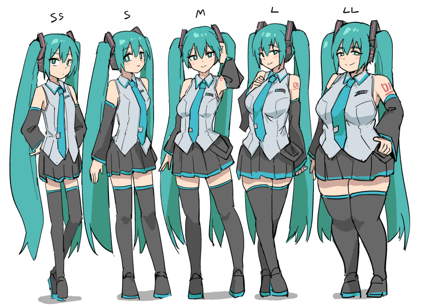 5girls alternate_body_size alternate_breast_size aqua_eyes aqua_hair aqua_necktie bare_shoulders black_footwear black_skirt blush boots breasts detached_sleeves flat_chest grey_shirt hand_in_own_hair hand_on_own_hip hatsune_miku highres large_breasts long_hair looking_at_viewer medium_breasts miniskirt multiple_girls multiple_persona necktie pleated_skirt shirt shoulder_tattoo simple_background skirt sleeveless sleeveless_shirt small_breasts smile squinting standing tattoo tenten_(chan4545) thigh_boots twintails very_long_hair vocaloid white_background zettai_ryouiki
