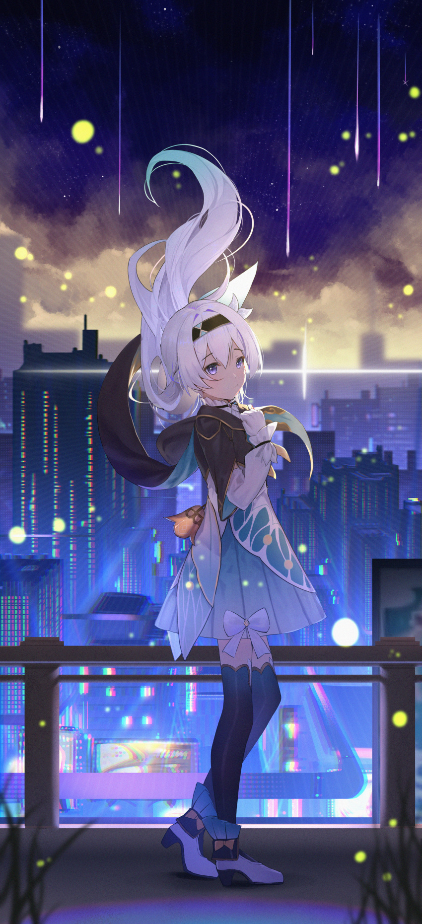 1girl absurdres black_hairband black_jacket bow bowtie building cityscape collared_shirt cropped_jacket firefly_(honkai:_star_rail) floating_hair fuujin_(windust_michio) grey_hair hair_between_eyes hair_ornament hairband hand_on_own_chest high_heels highres honkai:_star_rail honkai_(series) jacket long_hair long_sleeves looking_at_viewer neckerchief night orange_neckerchief shirt skirt sky solo star_(sky) starry_sky thigh-highs two-tone_eyes