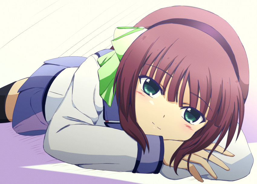1girl absurdres angel_beats! black_hairband black_thighhighs blue_skirt blunt_bangs blush bow closed_mouth commentary_request crossed_arms eyes_visible_through_hair foreshortening green_bow green_eyes hair_bow hairband head_rest highres lelie_(lelie_link) long_sleeves looking_at_viewer lying medium_hair miniskirt nakamura_yuri on_stomach pleated_skirt purple_hair shirt skirt smile solo split_mouth thigh-highs tsurime white_shirt zettai_ryouiki