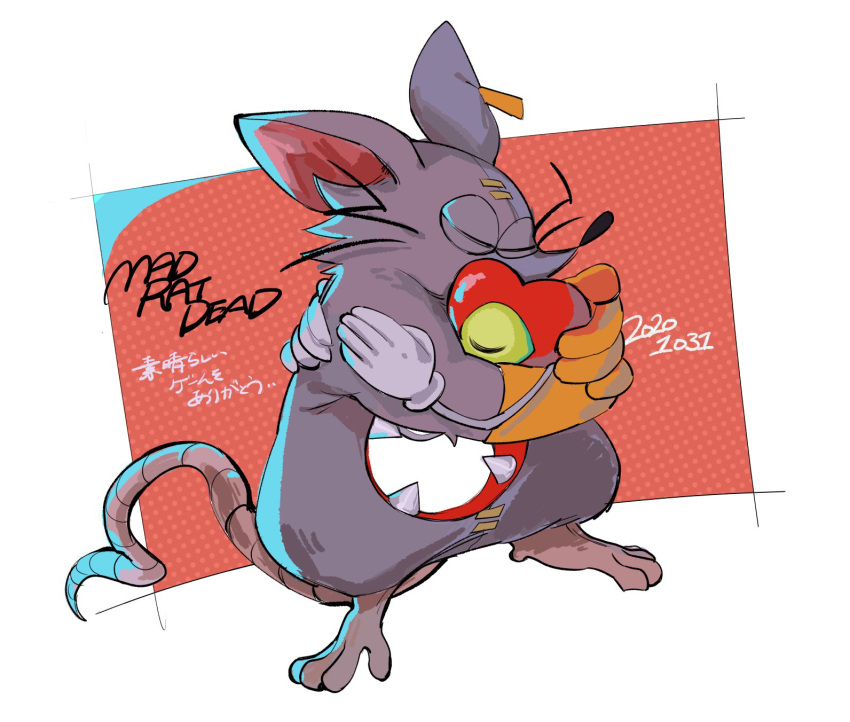 2boys animal_ears closed_eyes colored_sclera commentary_request copyright_name dated ear_tag gloves heart heart_(mad_rat_dead) highres hole_in_chest hole_on_body hug mad_rat_(mad_rat_dead) mad_rat_dead mochako_(girugarudo8) mouse mouse_ears mouse_tail multiple_boys one-eyed polka_dot stitched_face stitches tail translation_request white_background white_gloves yellow_gloves yellow_sclera