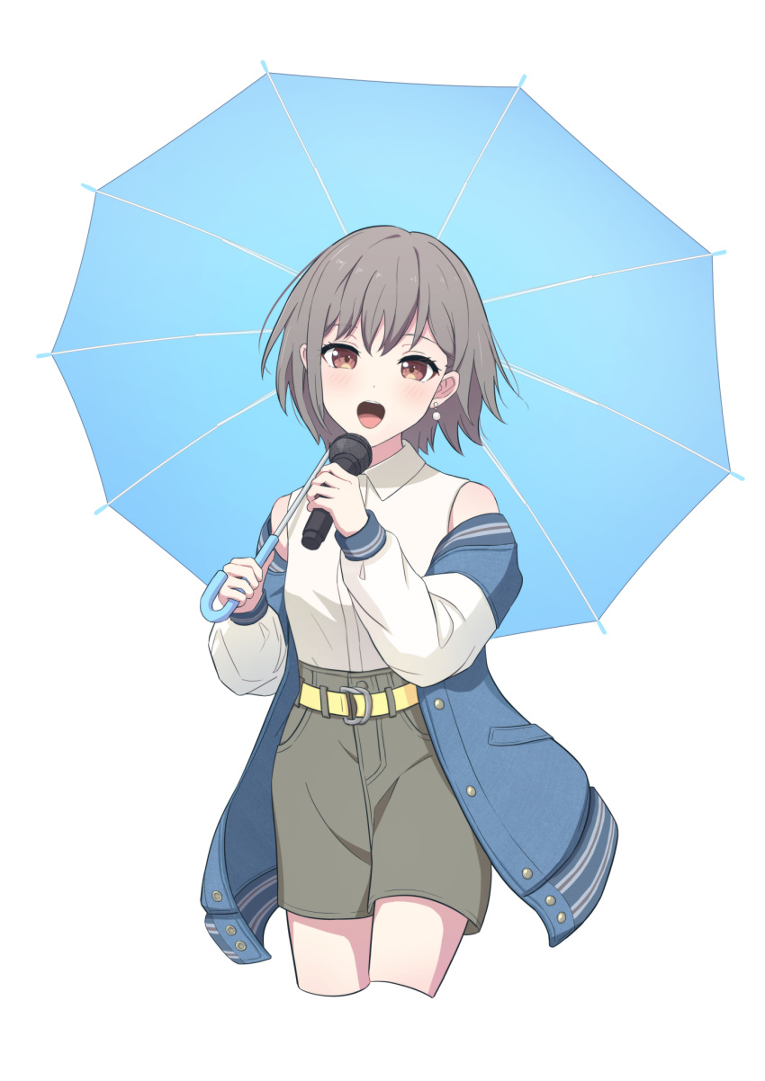 1girl bang_dream! bang_dream!_it's_mygo!!!!! belt blue_jacket blue_umbrella blush brown_eyes commentary_request cowboy_shot cropped_legs earrings green_shorts grey_hair highres holding holding_microphone holding_umbrella jacket jewelry looking_at_viewer microphone music novi_visual off_shoulder open_clothes open_jacket open_mouth shirt short_hair shorts simple_background singing sleeveless sleeveless_shirt solo takamatsu_tomori umbrella white_background white_shirt