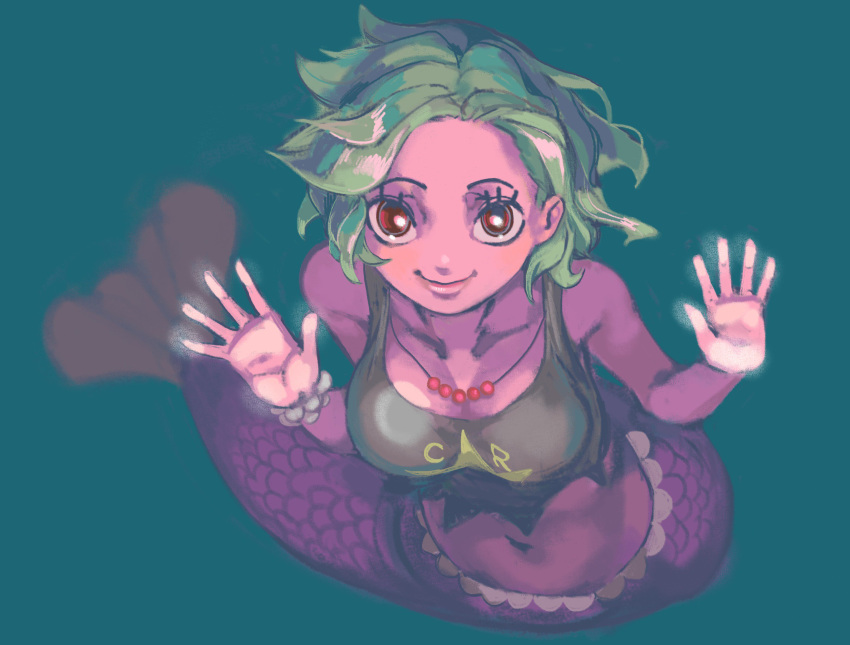 1girl camie_(one_piece) crop_top english_text eyelashes green_hair gunbine hair_behind_ear highres jewelry looking_at_viewer mermaid monster_girl necklace one_piece short_hair smile solo underwater