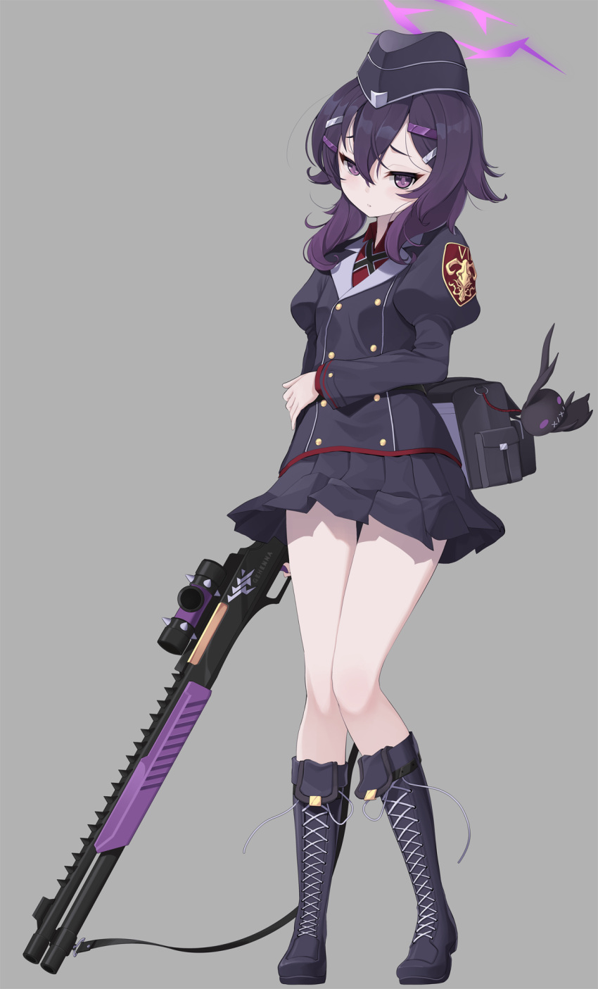 1girl black_footwear black_hat black_jacket black_skirt blue_archive boots closed_mouth commentary_request cross-laced_footwear fp6 full_body garrison_cap grey_background gun hair_between_eyes hair_ornament hairclip halo haruka_(blue_archive) hat highres holding holding_gun holding_weapon jacket juliet_sleeves koflif lace-up_boots long_hair long_sleeves looking_at_viewer pleated_skirt puffy_sleeves purple_hair red_shirt shirt simple_background skirt solo violet_eyes weapon