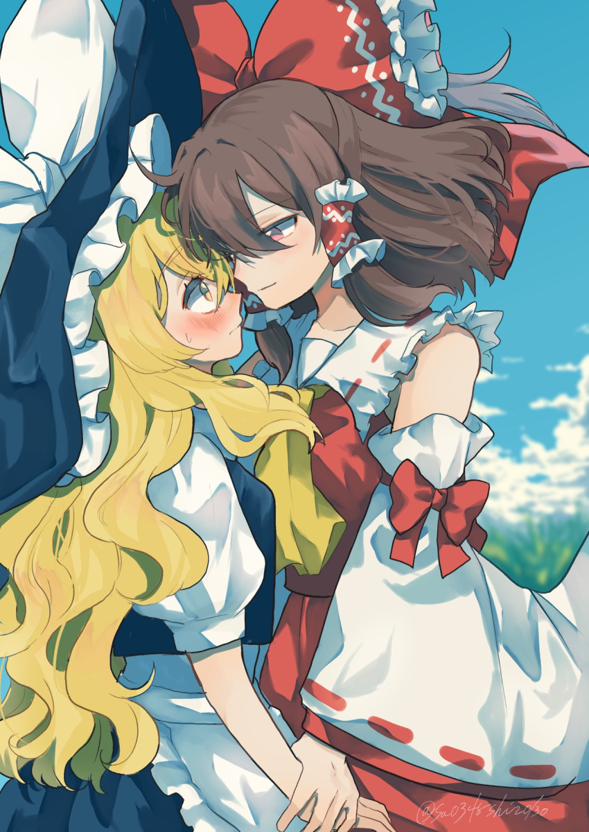 2girls apron arm_grab bare_shoulders black_hat black_skirt black_vest blonde_hair blue_sky blush bow brown_hair closed_mouth clouds commentary_request cowboy_shot day detached_sleeves eye_contact face-to-face frilled_apron frilled_bow frilled_hair_tubes frills from_side hair_bow hair_tubes hakurei_reimu hat height_difference highres holding_another's_wrist kirisame_marisa long_hair looking_at_another multiple_girls outdoors pink_eyes red_bow red_skirt red_vest ribbon-trimmed_sleeves ribbon_trim skirt sky sweatdrop touhou twitter_username uchisaki_himari very_long_hair vest white_apron white_bow wide_sleeves witch_hat yellow_eyes yuri