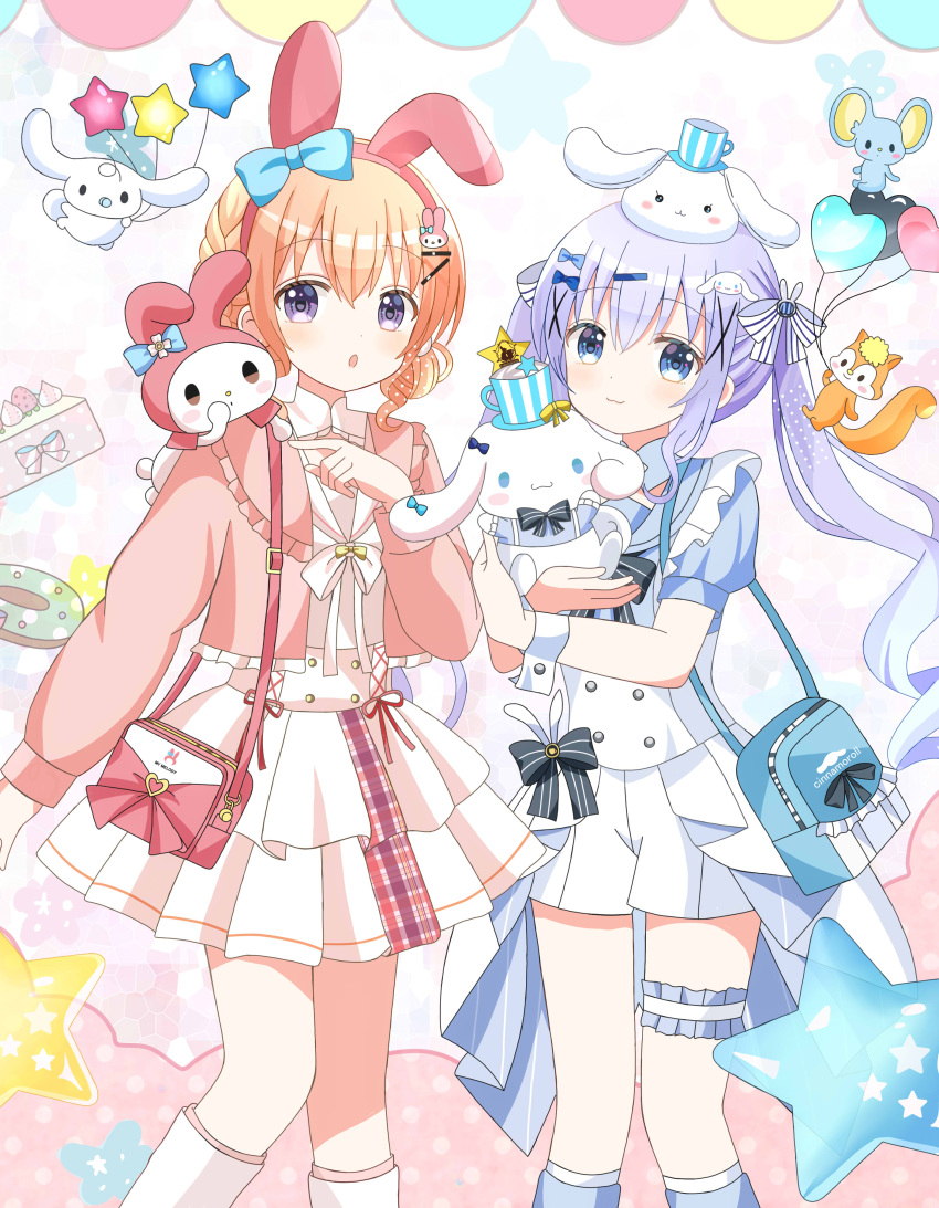 2girls absurdres animal_ears bag ball balloon black_bow blue_bow blue_eyes blue_footwear blue_hair blue_shirt boots bow brown_hair character_request closed_mouth commentary_request crossover feet_out_of_frame frilled_jacket frills gochuumon_wa_usagi_desu_ka? hair_between_eyes hair_bow hair_ornament hairband hairclip heart_balloon highres holding holding_ball hoto_cocoa hug jacket kafuu_chino knee_boots kneehighs long_sleeves multiple_girls my_melody onegai_my_melody open_clothes open_jacket parted_lips pink_hairband pink_jacket pink_socks pleated_skirt puffy_long_sleeves puffy_short_sleeves puffy_sleeves rabbit_ears rabbit_hair_ornament ryoutan sailor_collar sanrio shirt short_shorts short_sleeves shorts shoulder_bag skirt smile socks standing star_balloon striped_bow twintails vest violet_eyes white_footwear white_sailor_collar white_shirt white_shorts white_skirt white_socks white_vest wrist_cuffs x_hair_ornament