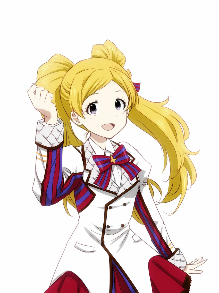 1girl blonde_hair buttons collar collared_shirt cowboy_shot dot_nose emily_stewart eyelashes fluffy_hair hand_up highres idolmaster idolmaster_million_live! idolmaster_million_live!_theater_days jacket knocking long_hair long_sleeves looking_at_viewer matcha_kingyo official_alternate_costume open_mouth parted_bangs pleated_skirt red_skirt ribbon shirt sidelocks simple_background skirt sleeves_rolled_up smile solo standing twintails violet_eyes white_background white_collar white_jacket