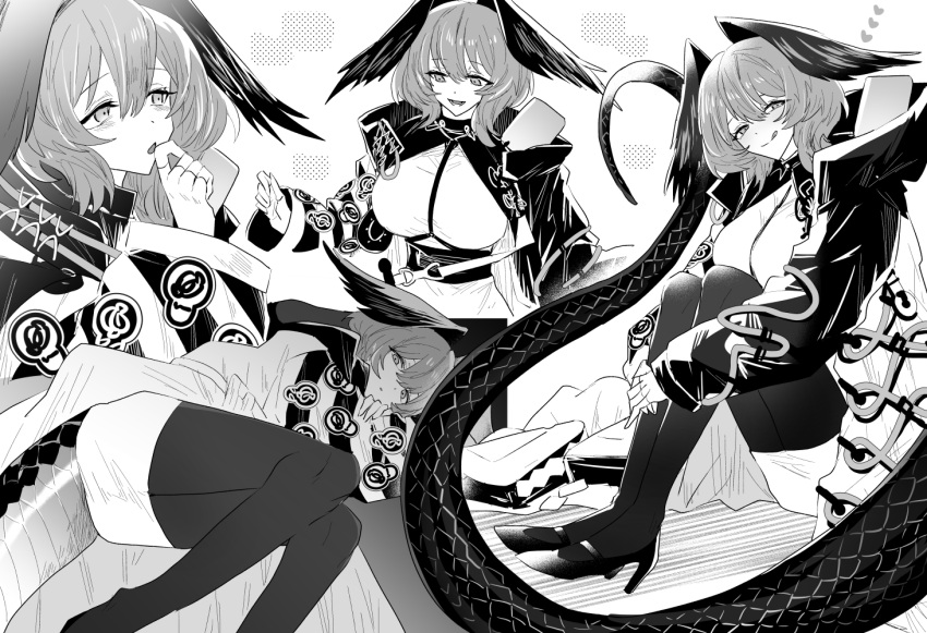 1girl :d :q arknights breasts coat dress feet_out_of_frame fingerless_gloves full_body gloves greyscale hand_to_own_mouth hand_up hands_up head_wings heart high_heels ho'olheyak_(arknights) iwashi_80 knees_up long_sleeves looking_at_viewer lying medium_hair monochrome multiple_views on_side open_mouth pantyhose simple_background sitting smile snake_tail tail tongue tongue_out white_background wings