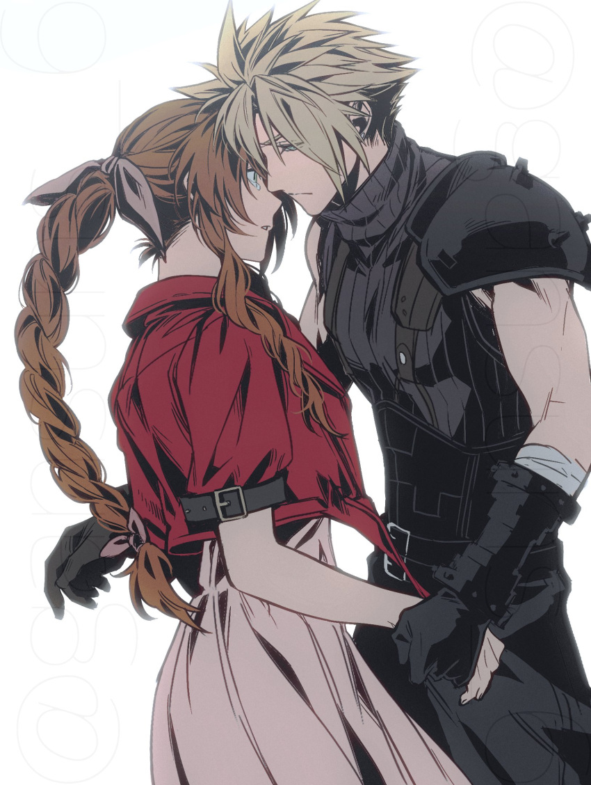 1boy 1girl aerith_gainsborough armor bandaged_arm bandages belt black_gloves blonde_hair braid braided_ponytail brown_hair closed_mouth cloud_strife couple cowboy_shot cropped_jacket dress earrings final_fantasy final_fantasy_vii final_fantasy_vii_rebirth final_fantasy_vii_remake gloves hair_ribbon half-closed_eyes hetero highres holding_hands jacket jewelry long_dress long_hair multiple_belts parted_bangs parted_lips pink_dress pink_ribbon red_jacket ribbon roku_(gansuns) short_hair short_sleeves shoulder_armor sidelocks single_bare_shoulder single_braid single_earring single_shoulder_pad sleeveless sleeveless_turtleneck spiky_hair suspenders tears turtleneck twitter_username wavy_hair white_background