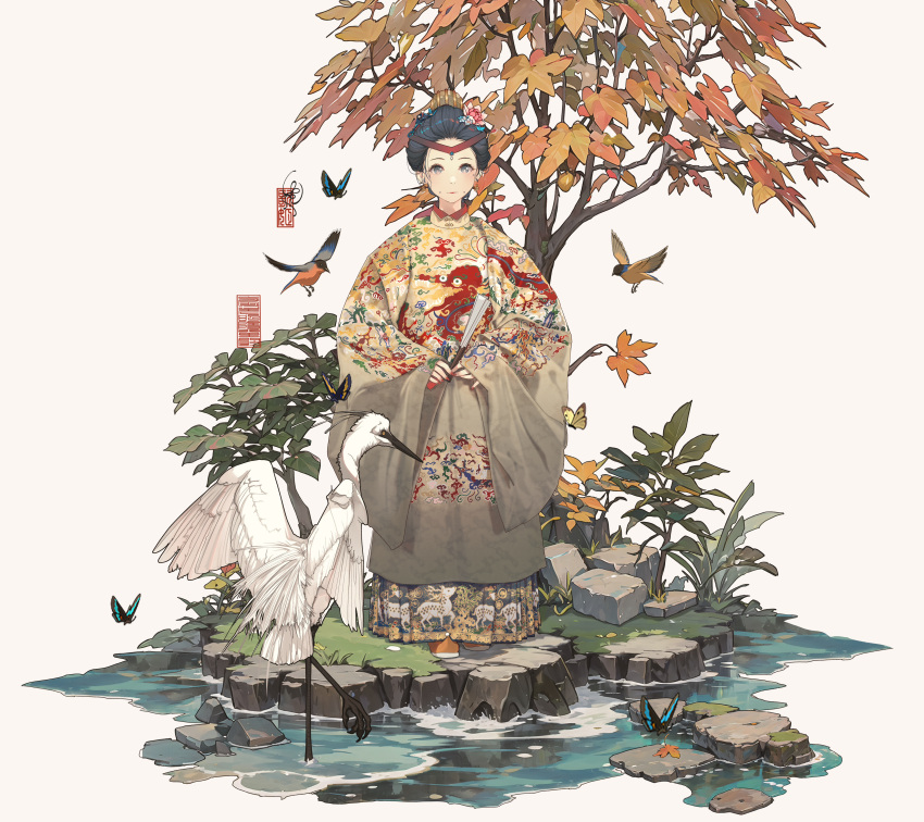 1girl absurdres anata_no_utahime_(lzr13708949567) autumn_leaves bird black_hair braid branch bug butterfly chinese_clothes closed_mouth crane_(animal) floral_print flower full_body grey_eyes hair_flower hair_ornament hanfu highres holding japanese_clothes kimono leaf long_sleeves looking_at_viewer original pond rock sash simple_background sitting solo standing tree water white_background yuanlingshan