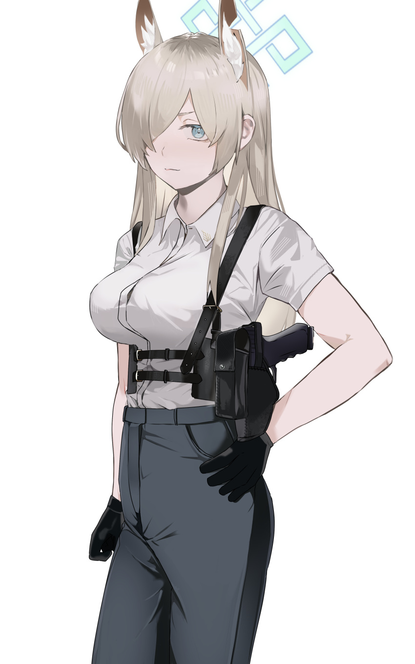 1girl absurdres animal_ear_fluff animal_ears black_gloves black_pants blue_archive blue_eyes blue_halo breasts chest_harness closed_mouth collared_shirt cowboy_shot dog_ears extra_ears gloves gun hair_over_one_eye halo handgun harness high-waist_pants highres holster kanna_(blue_archive) long_bangs long_hair looking_at_viewer loserdude notched_ear pants shirt short_sleeves shoulder_holster simple_background skirt solo underbust weapon white_background white_skirt