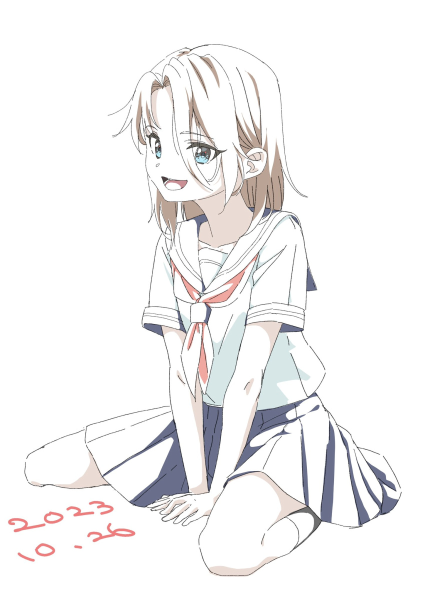 1girl blue_eyes check_copyright copyright_request highres light_brown_hair looking_at_viewer neckerchief open_mouth original papiyon1297 red_neckerchief school_uniform serafuku short_sleeves simple_background sitting skirt smile solo v_arms white_background