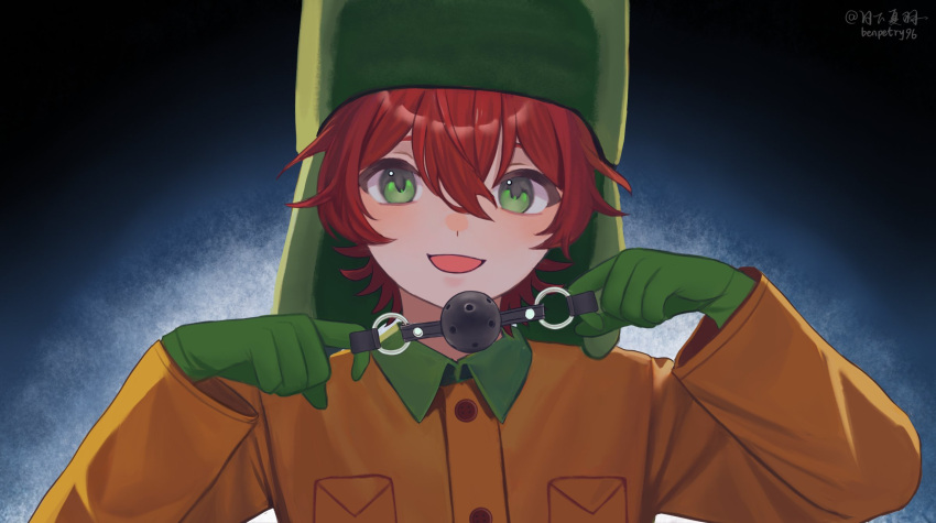 1boy artist_name benpetry96 child cord_pull crime_prevention_buzzer gloves green_eyes green_gloves green_headwear hair_between_eyes highres kyle_broflovski lightning_background long_sleeves male_focus medium_hair open_mouth redhead shukusei!!_loli-gami_requiem simple_background smile solo south_park upper_body