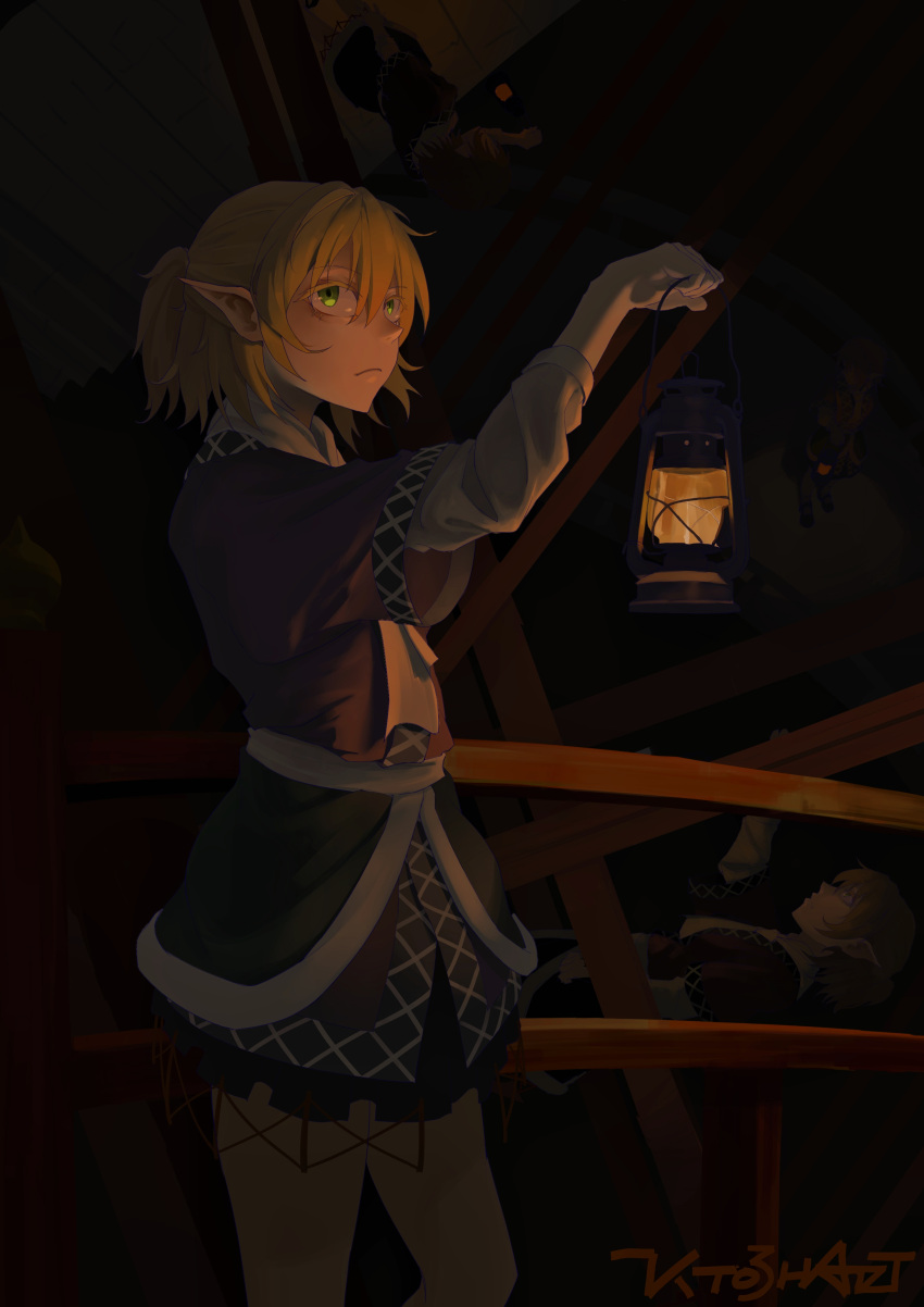 1girl absurdres artist_name black_skirt blonde_hair closed_mouth commentary_request expressionless feet_out_of_frame green_eyes hair_between_eyes half_updo highres holding holding_lantern kto_znaet lantern layered_sleeves long_bangs long_sleeves looking_afar looking_at_viewer looking_to_the_side mizuhashi_parsee multiple_views pointy_ears purple_shirt railing sash scarf shirt short_hair short_over_long_sleeves short_ponytail short_sleeves skirt touhou walking white_sash white_scarf