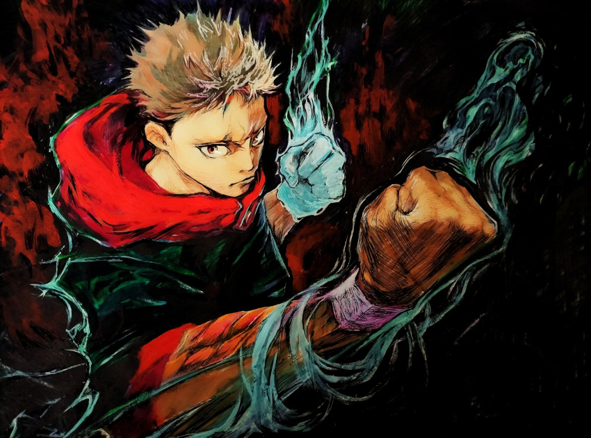1boy armband armlet blue_fire clenched_hand clenched_hands energy fighting_stance fire highres hiroc691 hood hoodie itadori_yuuji jujutsu_kaisen male_focus multicolored_background pink_hair red_eyes red_hood red_hoodie school_uniform scowl