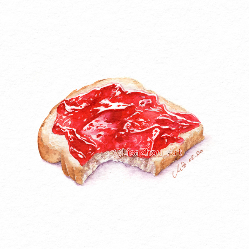 bread bread_slice dated food food_focus jam lisazhou_art no_humans original painting_(medium) simple_background toast traditional_media twitter_username watercolor_(medium) white_background