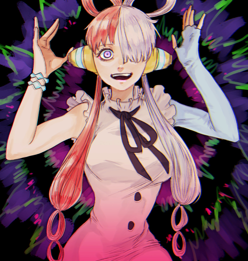 1girl abstract_background black_bow bow bracelet dress gloves hair_over_one_eye hair_rings headphones highres jewelry long_hair multicolored_hair one_piece open_mouth redhead shiso_i4 single_glove solo teeth two-tone_hair upper_teeth_only uta_(one_piece) violet_eyes white_dress white_hair