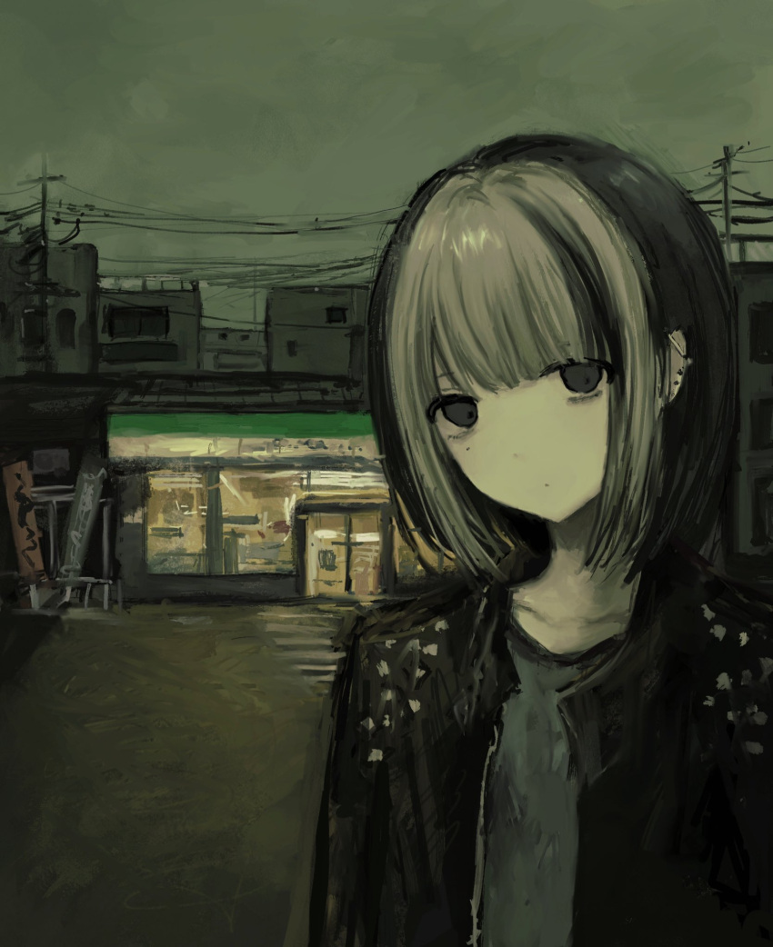 1girl bad_id bad_twitter_id black_eyes black_hair black_jacket building chan8016 closed_mouth convenience_store grey_hair grey_shirt grey_sky highres inactive_account jacket looking_at_viewer multicolored_hair muted_color original outdoors power_lines road shirt shop short_hair sky solo street two-tone_hair upper_body