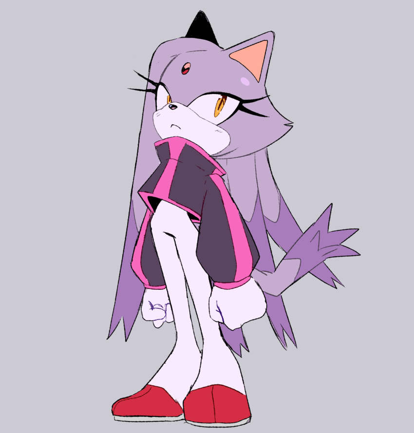 1girl absurdres animal_ears blaze_the_cat cat_ears cat_girl cat_tail forehead_jewel furry furry_female gloves grey_background hair_down highres jacket long_hair purple_fur purple_jacket serious simple_background sonic_(series) stellarspin tail white_gloves yellow_eyes
