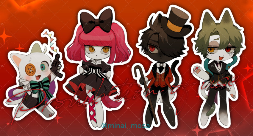 1girl 3boys ahoge animal animal_ears animal_feet animal_hands arms_behind_head artist_name black_hair bow bowtie brown_bow brown_dress button_eyes card cat_boy cat_ears cat_tail chibi closed_mouth coat commentary_request dog_ears dog_girl dog_tail dress fang full_body furrification furry furry_male green_eyes green_hair gun hair_bow hair_over_one_eye heterochromia highres holding holding_card holding_gun holding_weapon long_sleeves looking_at_viewer minai_mosa multiple_boys open_mouth original outline puffy_short_sleeves puffy_sleeves purple_hair red_background red_coat red_eyes red_vest revolver running short_hair short_sleeves skin_fang slit_pupils snake sparkle standing suspenders tail twintails twitter_username vest watermark weapon white_outline yellow_eyes