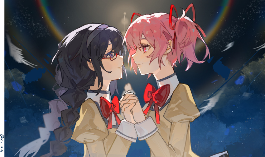 2girls absurdres akemi_homura black_hair black_hairband bow bowtie braid chinese_commentary clouds cloudy_sky collared_jacket commentary_request dated eye_contact face-to-face falling_feathers feathers from_side glasses hair_between_eyes hair_ribbon hairband hands_up highres holding_hands interlocked_fingers jacket juliet_sleeves kaname_madoka long_hair long_sleeves looking_at_another mahou_shoujo_madoka_magica mahou_shoujo_madoka_magica_(anime) maoer549 mitakihara_school_uniform multiple_girls night night_sky outdoors pink_eyes pink_hair profile puffy_sleeves red-framed_eyewear red_bow red_bowtie ribbon school_uniform semi-rimless_eyewear short_hair short_twintails sky smile twin_braids twintails under-rim_eyewear upper_body violet_eyes yellow_jacket yuri