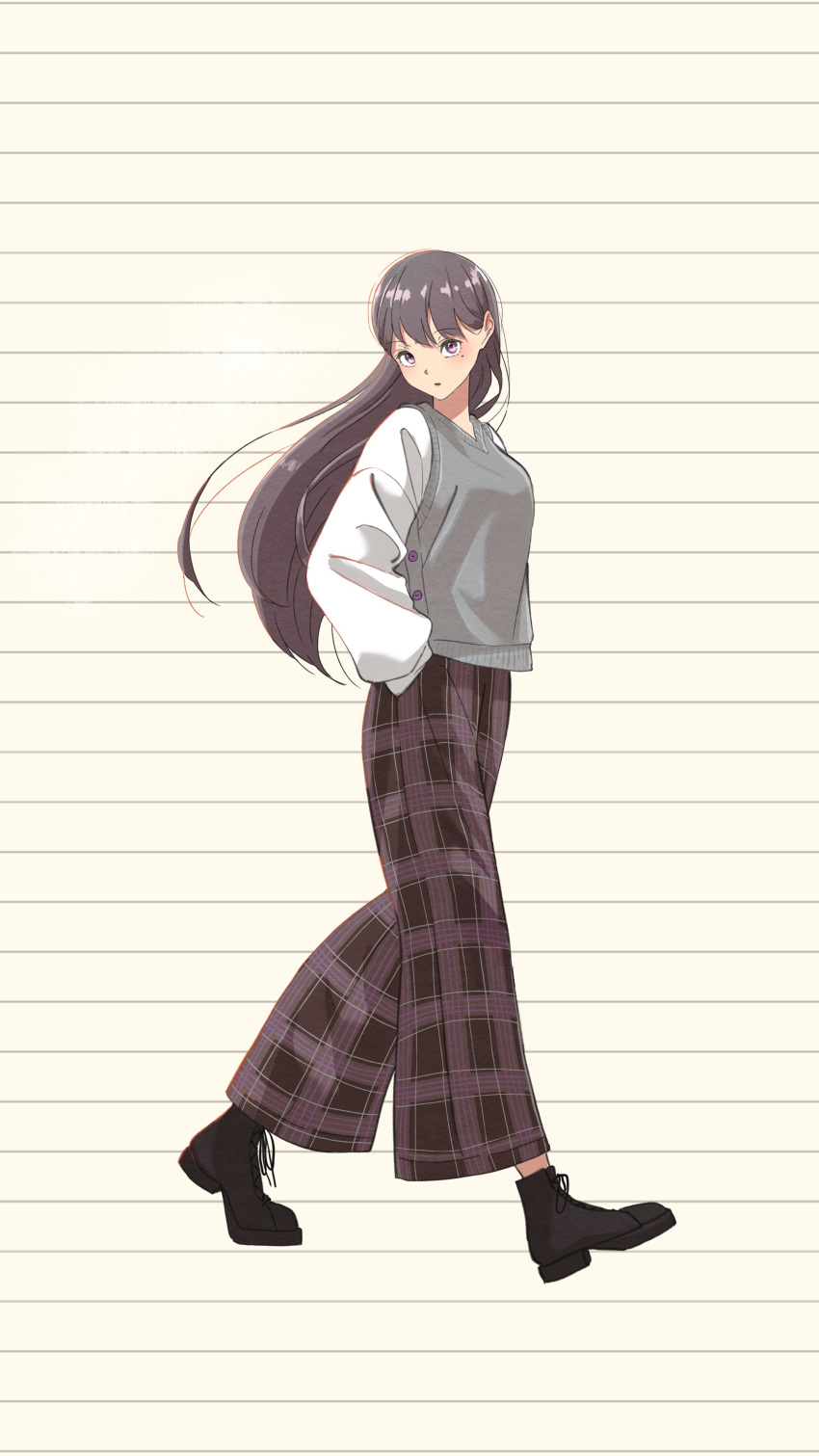 1girl absurdres bang_dream! bang_dream!_it's_mygo!!!!! black_footwear brown_background brown_hair commentary_request grey_sweater_vest hands_in_pockets highres long_hair long_sleeves looking_at_viewer mole mole_under_eye pants parted_lips plaid plaid_pants purple_pants shiina_taki shirt shu_atelier solo striped_background sweater_vest violet_eyes walking white_shirt