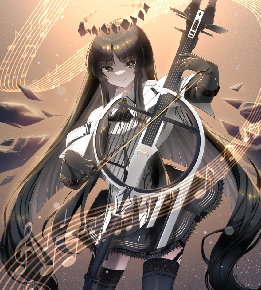 1girl arknights ascot black_ascot black_garter_straps black_gloves black_hair black_skirt black_thighhighs bow_(music) broken_halo brown_eyes brown_hair brown_halo brown_wings cello closed_mouth collared_jacket colored_inner_hair commentary contrapposto cowboy_shot dark_halo detached_wings diamond-shaped_pupils diamond_(shape) energy_wings eyelashes garter_straps gloves halo hands_up highres holding holding_bow_(music) holding_instrument instrument jacket lace-trimmed_skirt lace_trim layered_sleeves light_particles long_sleeves looking_at_viewer miniskirt mole mole_under_eye multicolored_hair music musical_note playing_instrument rinzy short-sleeved_jacket short_over_long_sleeves short_sleeves skirt smile solo staff_(music) standing strap symbol-shaped_pupils thigh-highs two-tone_hair variant_set virtuosa_(arknights) white_jacket wide_sleeves wing_collar wings yellow_pupils
