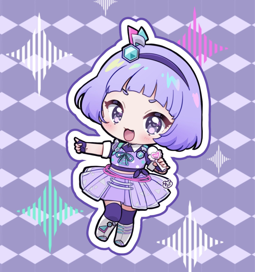 1girl :d blunt_bangs boots chibi chii_(chi_pppuri) collared_shirt commentary_request full_body hair_ornament hairband hands_up highres himitsu_no_aipri holding holding_microphone idol_clothes looking_at_viewer mamiya_chii microphone musical_note musical_note_hair_ornament open_mouth pleated_skirt pretty_series purple_background purple_footwear purple_hair purple_hairband purple_shirt purple_skirt purple_theme purple_thighhighs shirt short_hair short_sleeves skirt smile solo standing thigh-highs violet_eyes