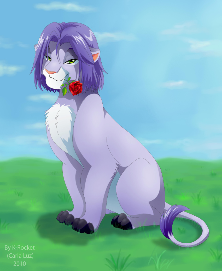 absurdres animal animal_ears clouds cloudy_sky crossover flower grass green_eyes highres james_(pokemon) lion looking_at_viewer male_focus mistressainley pokemon pokemon_(anime) purple_hair rose sitting sky solo solo_focus the_lion_king