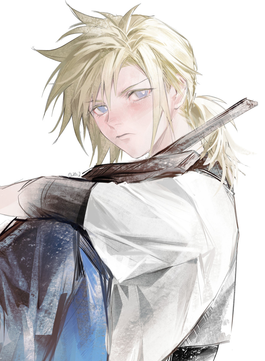 1boy absurdres aged_down blonde_hair blue_eyes blue_shorts blush closed_mouth cloud_strife commentary duoj_ji final_fantasy final_fantasy_vii final_fantasy_vii_remake highres looking_at_viewer low_ponytail male_focus medium_hair shirt short_sleeves shorts solo spiky_hair swept_bangs symbol-only_commentary t-shirt upper_body white_background white_shirt