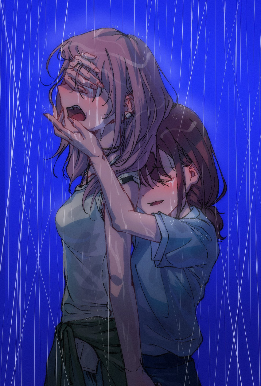 2girls blue_shirt clothes_around_waist commentary covering_another's_eyes crying earclip emberlight76 girls_band_cry grey_hair grey_shirt hand_on_another's_face hashtag-only_commentary highres iseri_nina jacket jacket_around_waist kawaragi_momoka long_hair multiple_girls open_mouth outdoors parted_lips rain shirt short_sleeves sobbing tears upper_body wet wet_clothes wet_hair